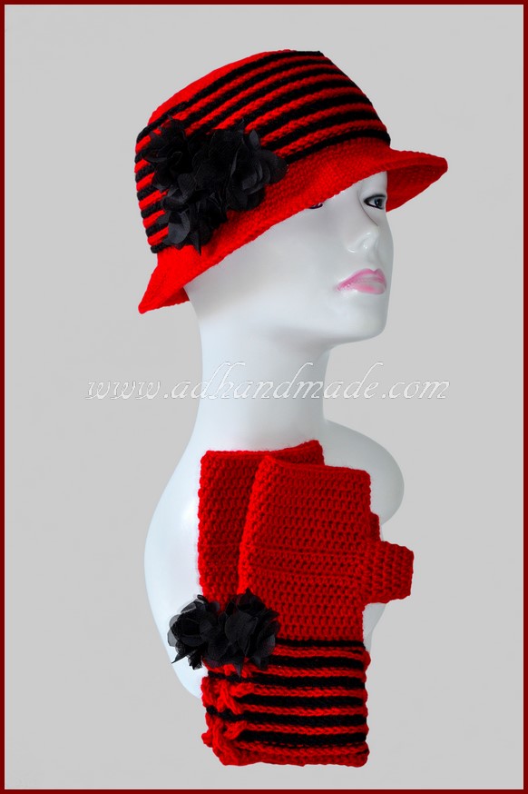 Kırmızı, Siyah Çizgili Bere&Eldiven