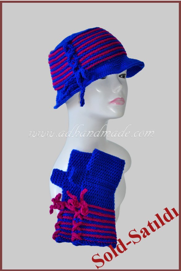 Lacivert, Bordo Çizgili Bere & Eldiven