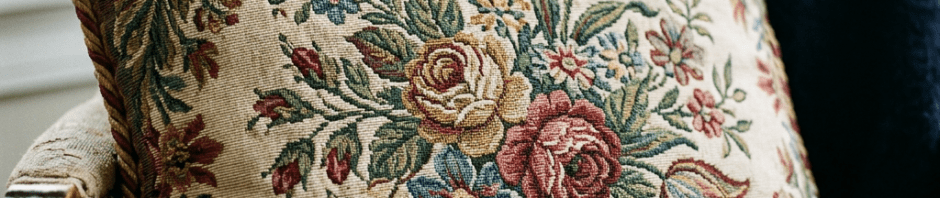 Decorative pillow with intricate floral tapestry design featuring roses and leaves