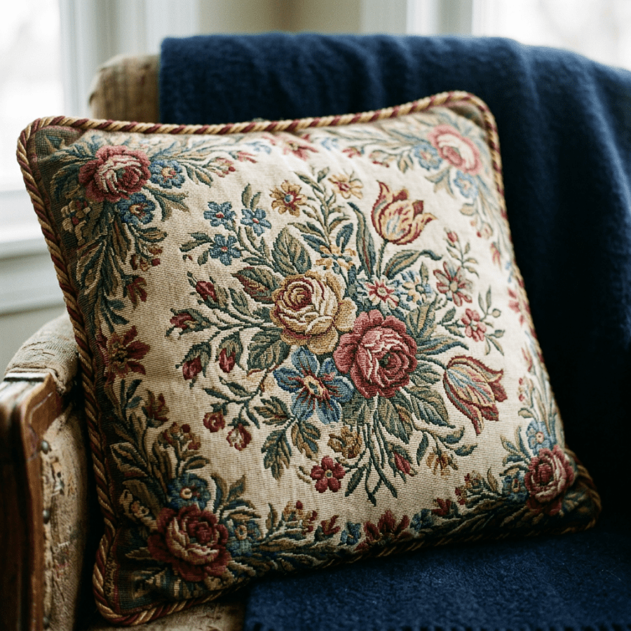 Decorative pillow with intricate floral tapestry design featuring roses and leaves